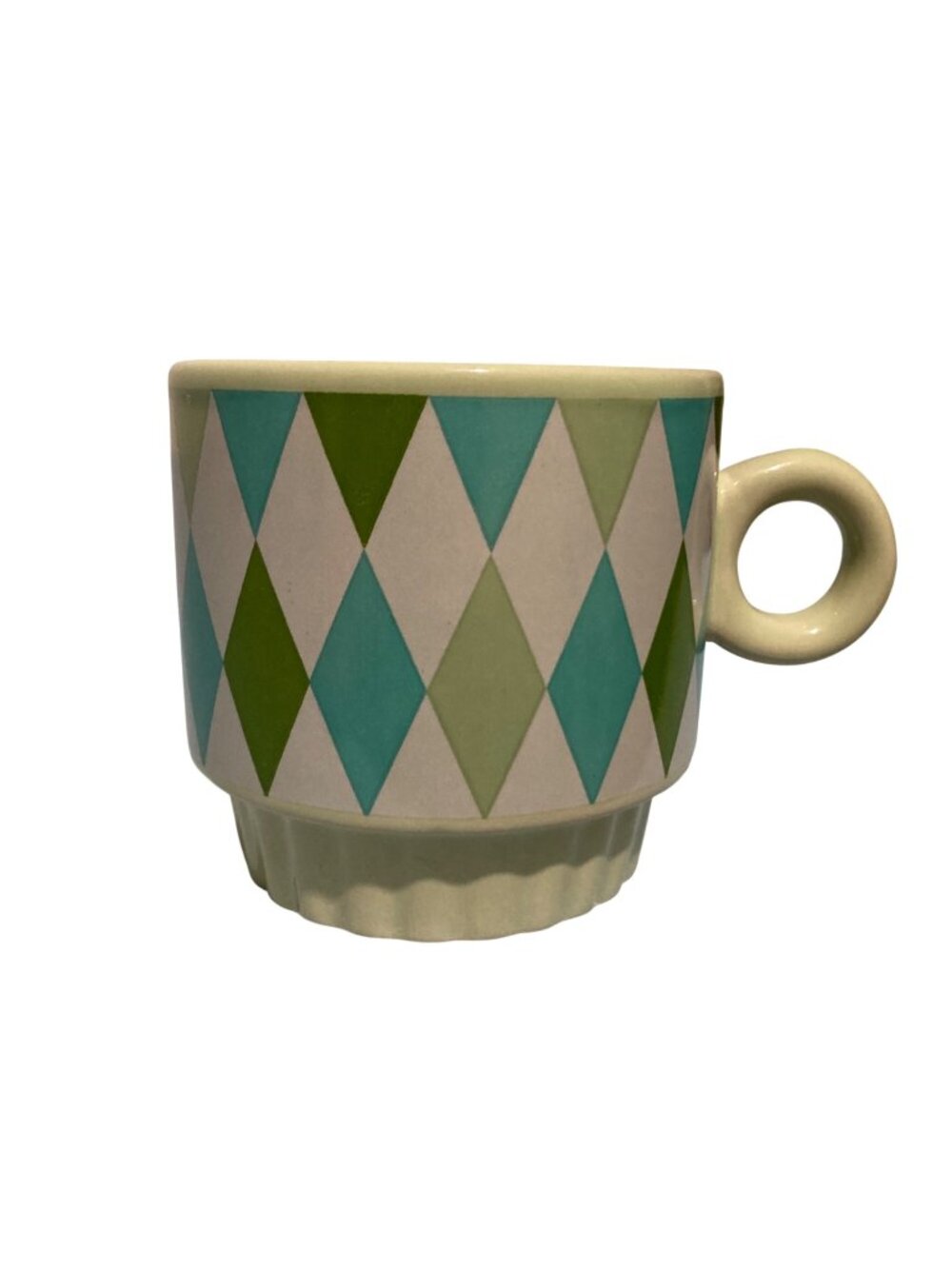 Vintage Mid Century Mug With Green & Blue Argyle Pattern And Round Handle